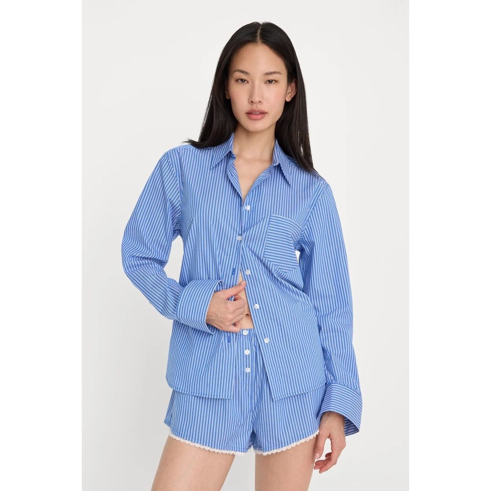 Good‎ American Poplin Classic Boxy Shirt Blue White Stripe GWT0370 Mens XS NEW